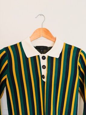 ZARA Striped Polo Top in Green, Yellow & Navy with Cream Collar